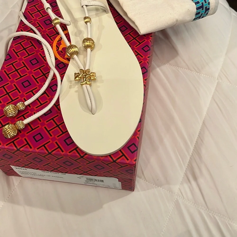 Tory Burch,Capri White and Gold Lace up Sandals with Elegant Charms - Picture 6 of 8